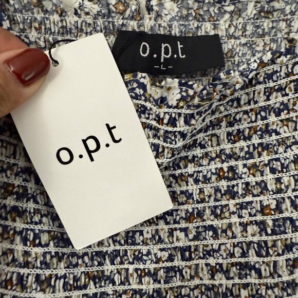 O.P.T One Pretty Time Navy Floral Smocked Tie Strap Tiered Midi Dress Large NEW - Picture 6 of 6